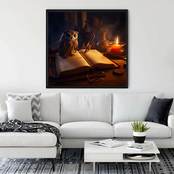 Malen nach Zahlen Eule Kerzenschein Wandkunst in modernem Wohnzimmer mit weißem Sofa und Pflanzen dekoriert