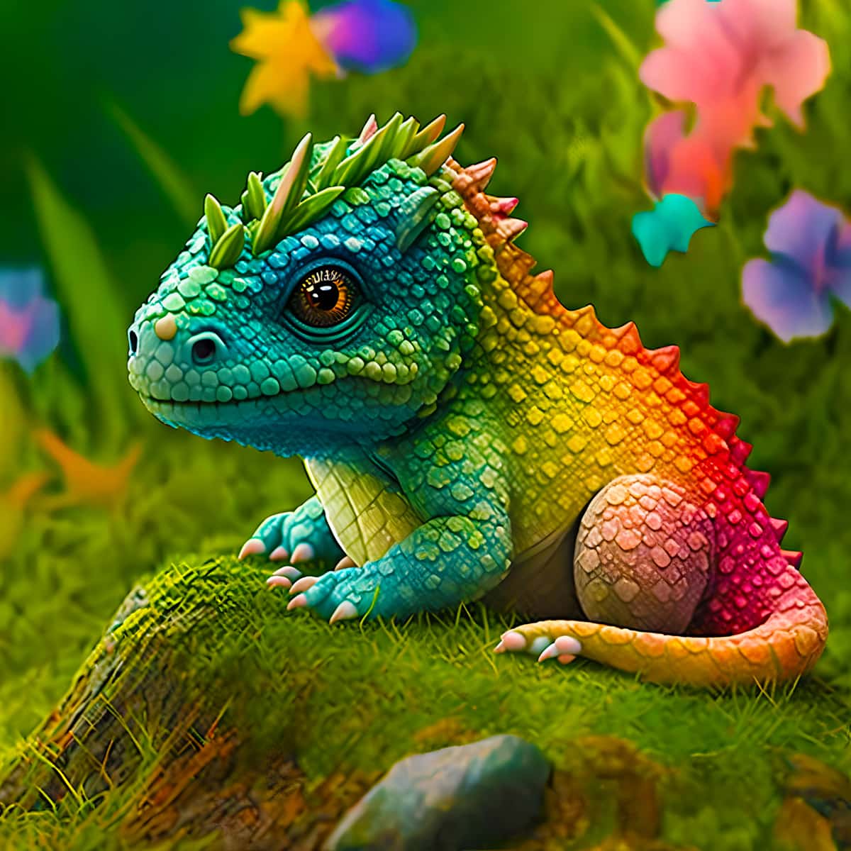 Buntes Babydrache-Diamond-Painting auf grüner Wiese mit Blumen im Hintergrund