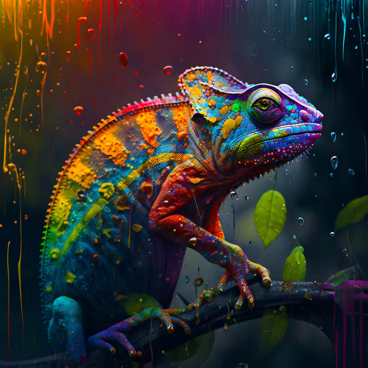 Colorful chameleon in the rain on diamond painting canvas with vibrant acrylic diamonds and detailed professional artwork kit.