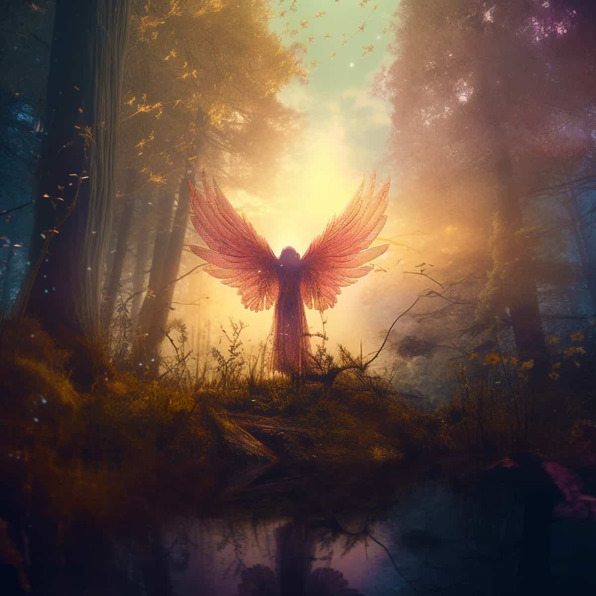 Diamond Painting - Naturengel in a mystical forest with glowing wings surrounded by trees and a serene atmosphere