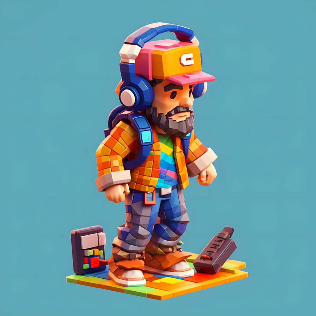 Pixel art figure of a man with headphones, colorful clothing, and a backpack, standing on a platform with electronics.