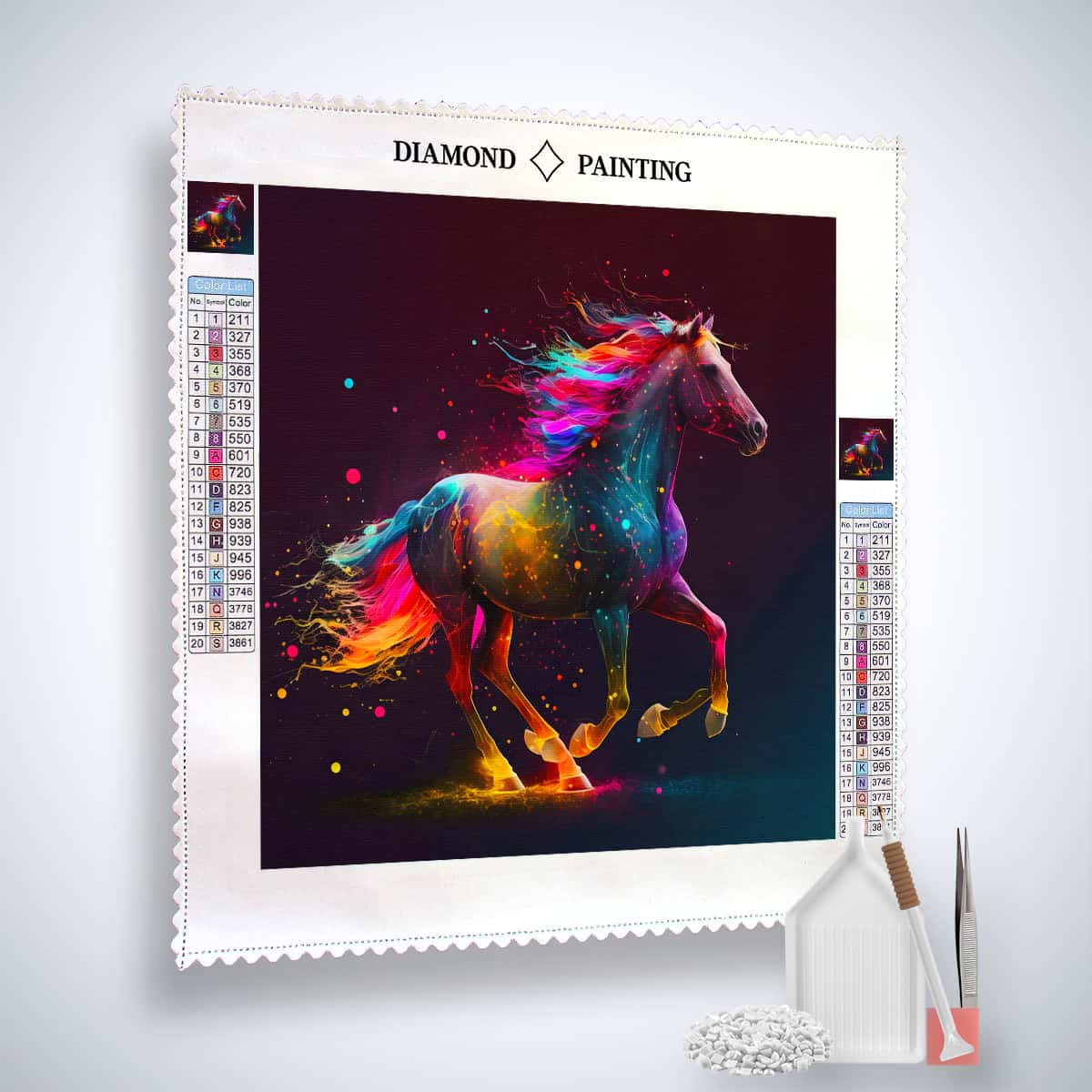 AB Diamond Painting Kit - Pferd Farbenfroh with colorful horse design, acrylic diamonds, tweezers, and professional tools included