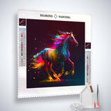 AB Diamond Painting Kit - Pferd Farbenfroh with colorful horse design, acrylic diamonds, tweezers, and professional tools included