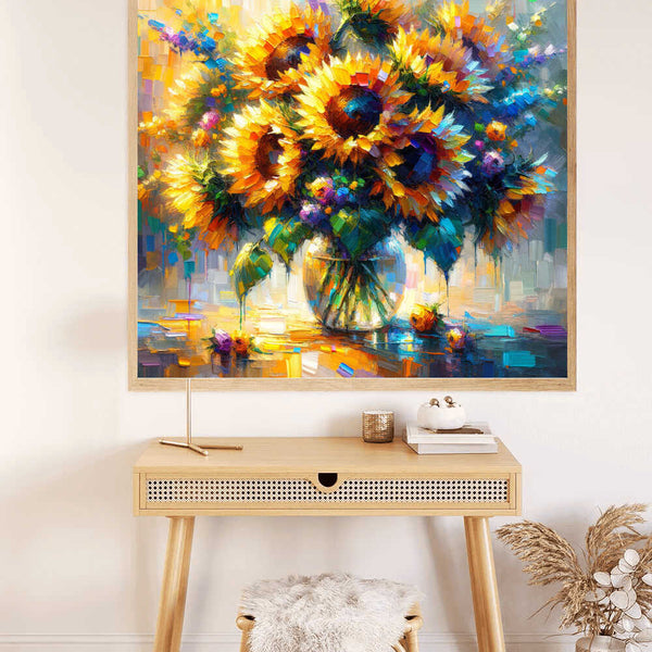 Malen nach Zahlen Kunstwerk "Sonnenglanz und Farbenspiel" mit leuchtenden Sonnenblumen auf einem Holztisch.