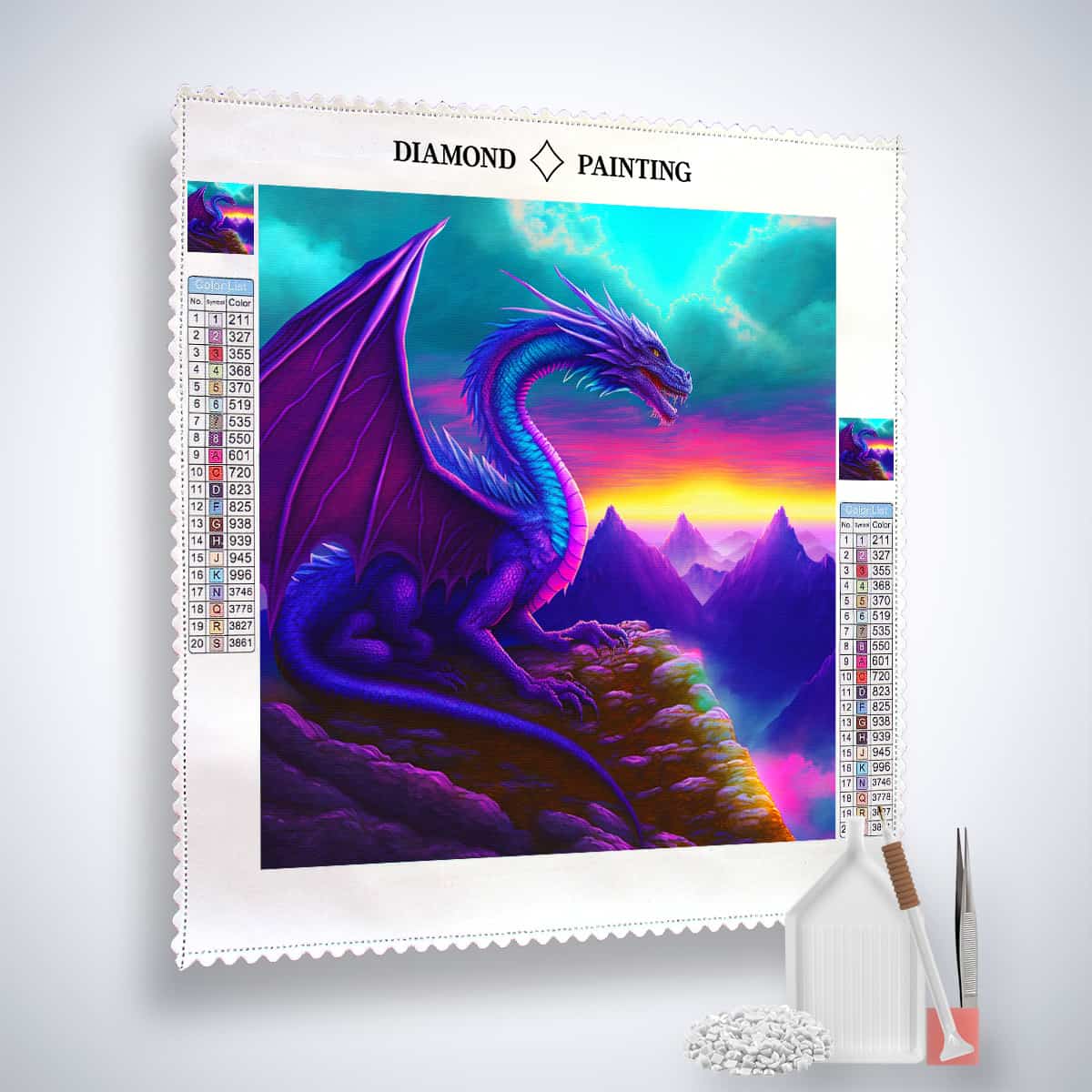 Diamond Painting Erdenwächter Kit featuring a vibrant dragon design with acrylic diamonds, canvas, tweezers, and tools against a colorful landscape background