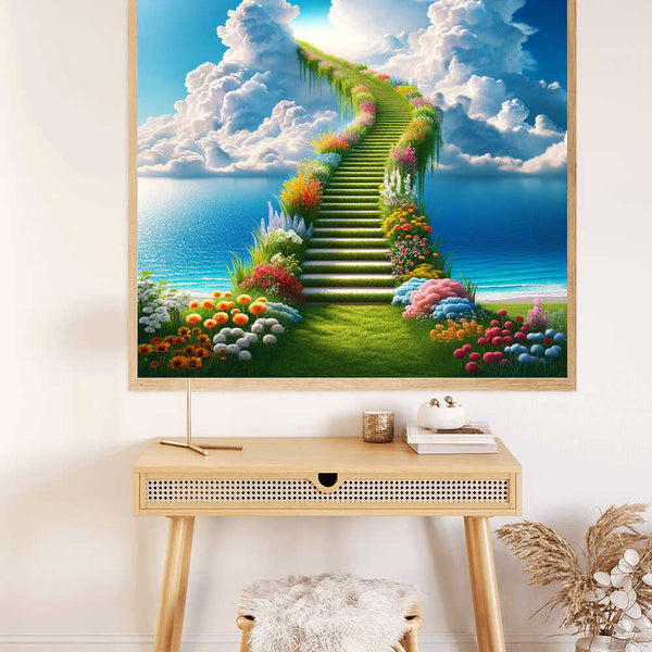 Malen nach Zahlen - Himmelsstiege: Ein Traumpfad Leinwandbild über Tisch und Stuhl, Treppe führt durch Wolken, beruhigende Kunst.