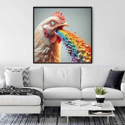 Modern living room featuring a unique painting of a chicken spewing a colorful rainbow.