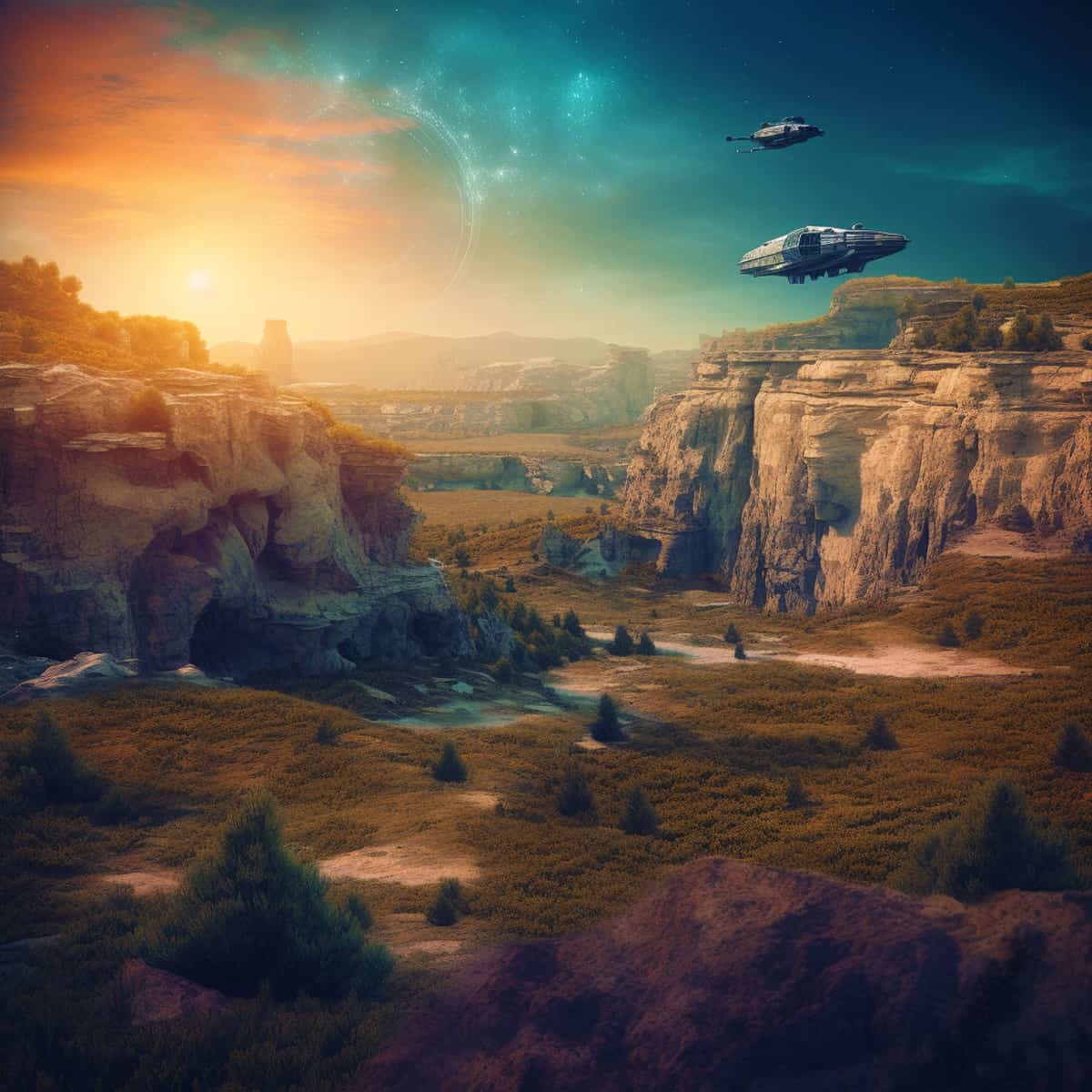 Scenic fantasy landscape with green valleys, majestic cliffs, a vibrant sunset, and two futuristic flying spaceships.