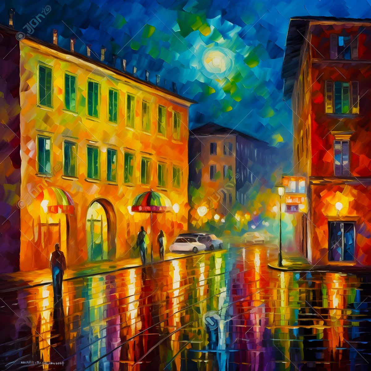 Vibrant nighttime street scene in Italy with colorful buildings, glowing street lamps, and wet cobblestone reflecting lights. Diamond painting art.