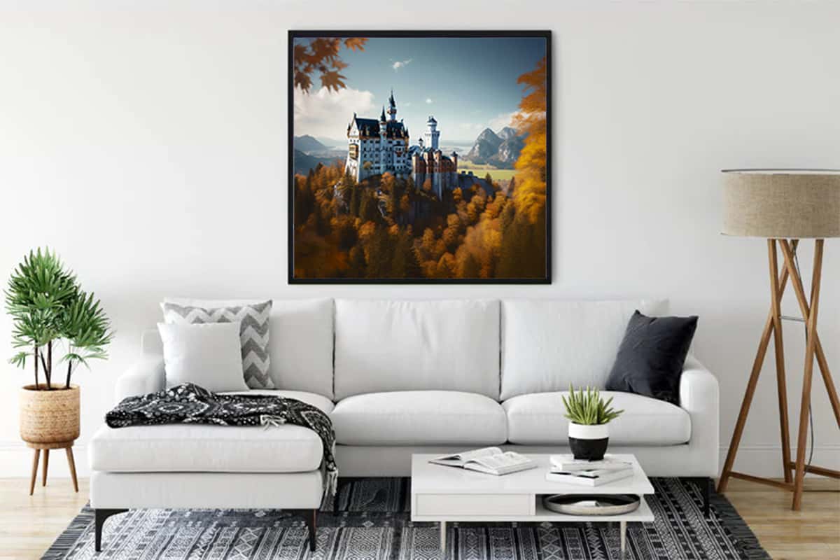 Malen nach Zahlen - Schloss Neuschwanstein framed artwork displayed in modern living room with a white sofa and cozy decor