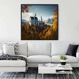 Malen nach Zahlen - Schloss Neuschwanstein framed artwork displayed in modern living room with a white sofa and cozy decor