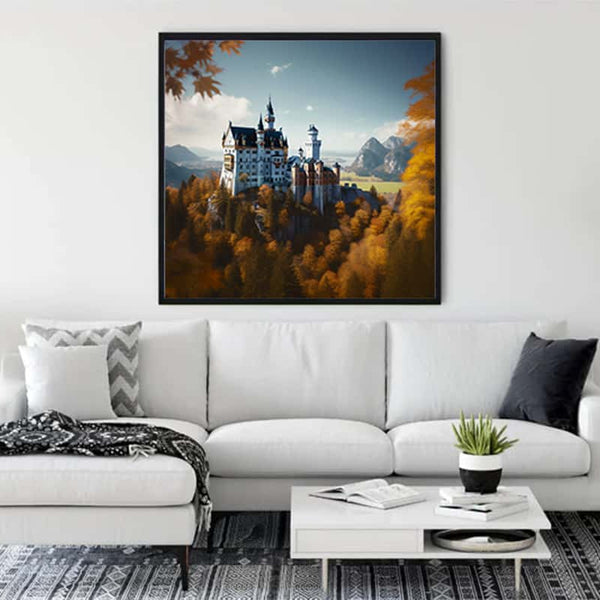 Malen nach Zahlen - Schloss Neuschwanstein framed artwork displayed in modern living room with a white sofa and cozy decor