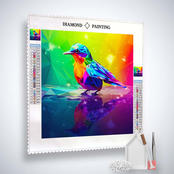 AB Diamond Painting Kit with colorful bird motif and included tools for a sparkling art project