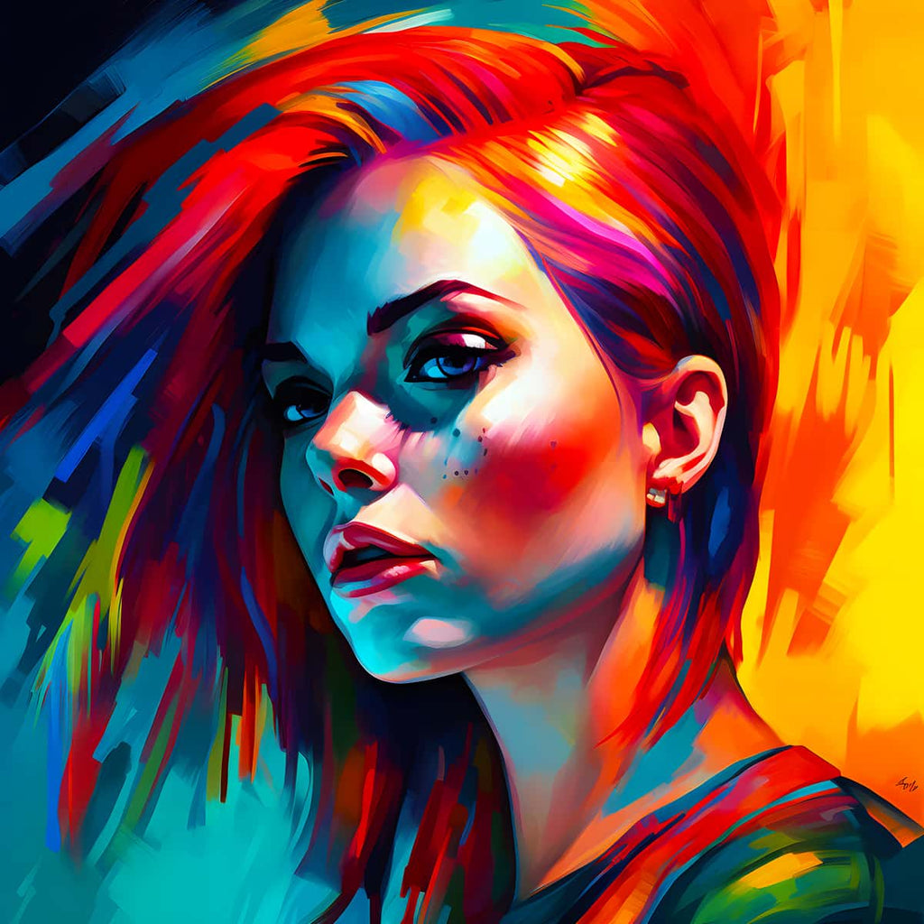 Vibrant Malen nach Zahlen painting featuring a futuristic woman with colorful hair and expressive facial features.