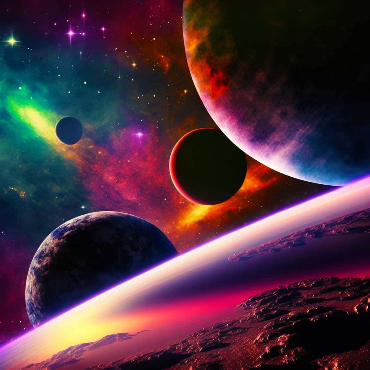 Sci-fi cosmic scene with colorful planets and stars, perfect for Diamond Painting - Milchstraßenreise kits that sparkle.