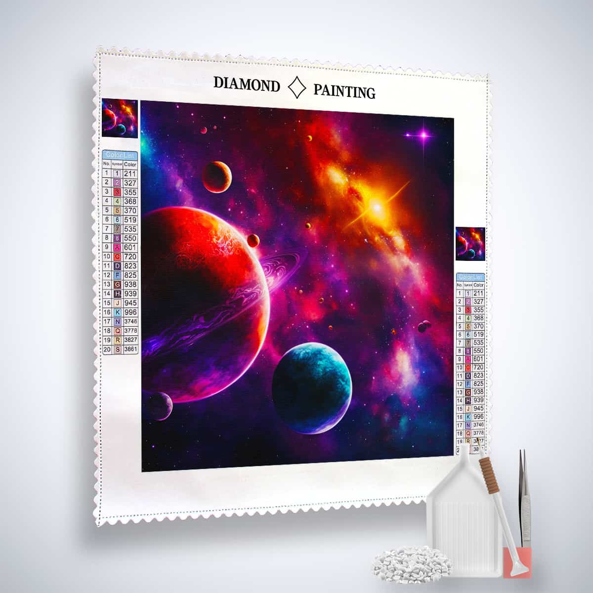 Diamond Painting Kit - Andromedas Geheimnis with vibrant planet and galaxy design, including acrylic diamonds and professional tools.