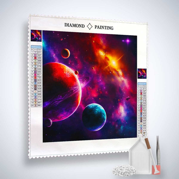 Diamond Painting Kit - Andromedas Geheimnis with vibrant planet and galaxy design, including acrylic diamonds and professional tools.