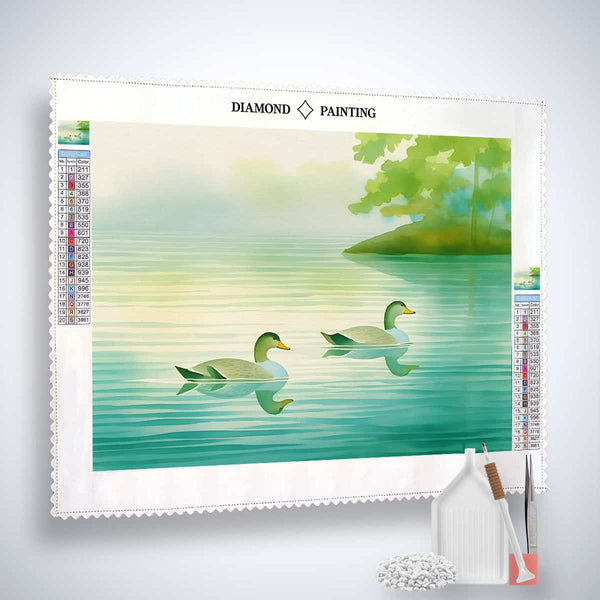 Diamond Painting Kit - Entensee with two floating ducks, acrylic diamonds, professional canvas, and artist tools