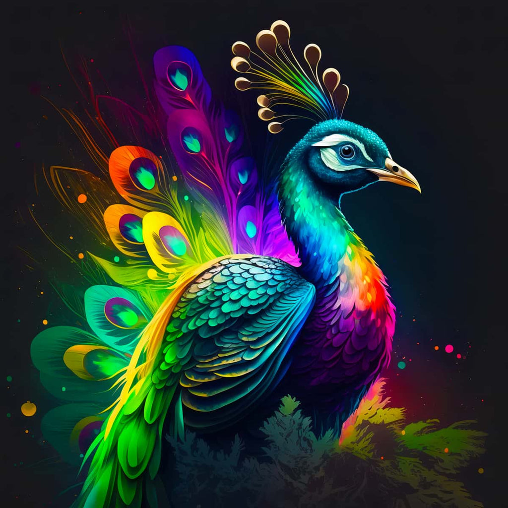 Neon peacock painting from Malen nach Zahlen with vibrant rainbow feathers on a dark background