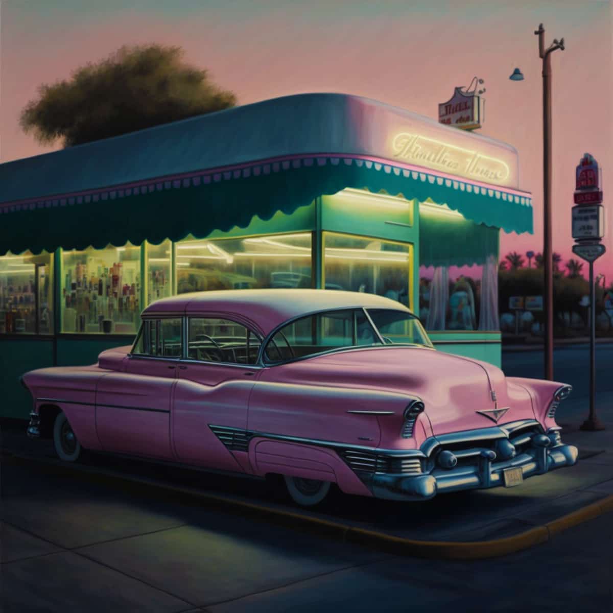 Nostalgische Tankstelle mit klassischem pinken Oldtimer bei Abenddämmerung, beleuchtete Tankstelle im Hintergrund