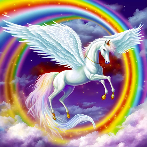 Diamond painting of a flying unicorn with rainbow wings in a vibrant, colorful sky
