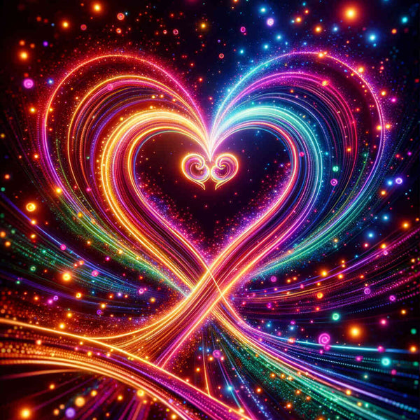 Two neon hearts intertwined in vibrant, pulsating colors, symbolizing love and harmony in the "Leuchtenden Zweisamkeit" diamond painting artwork.
