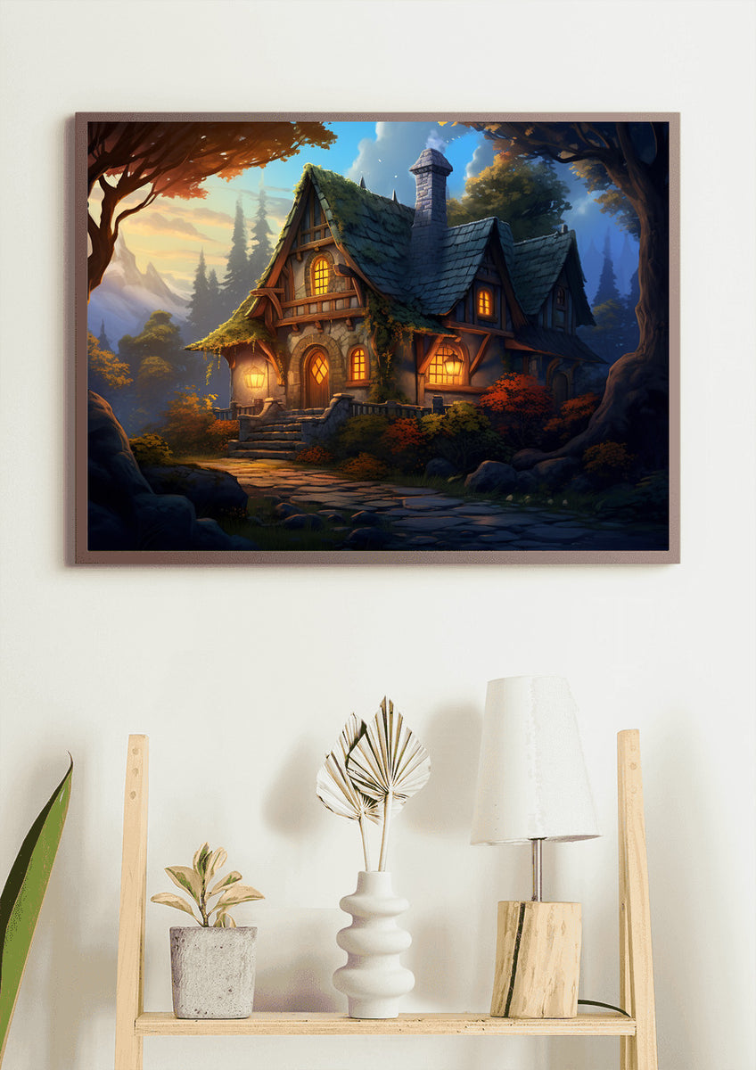 Painting of a mystical house illuminated at dusk with trees and foliage in the background, hung on a modern interior wall.