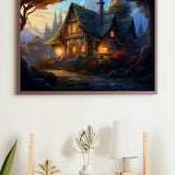 Painting of a mystical house illuminated at dusk with trees and foliage in the background, hung on a modern interior wall.