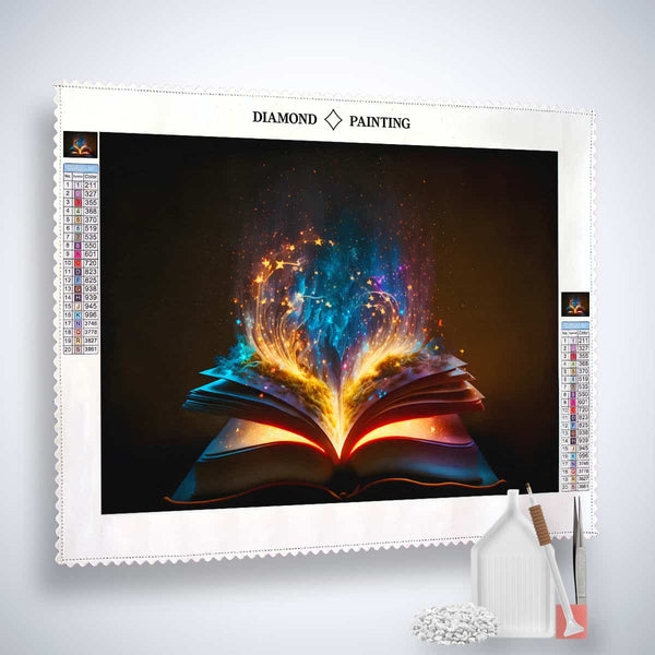 AB Diamond Painting Kit - Zauberbuch Licht, sparkling art featuring a magical open book with vibrant colors, complete with all necessary tools
