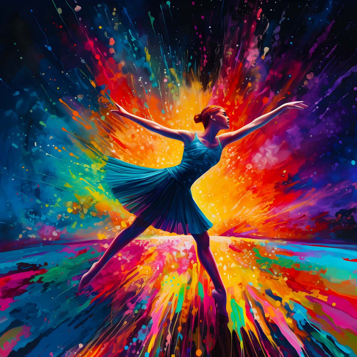 Colorful diamond painting of a dancer with vibrant abstract background displaying the beauty of AB Diamond Painting - Bunter Tanz.