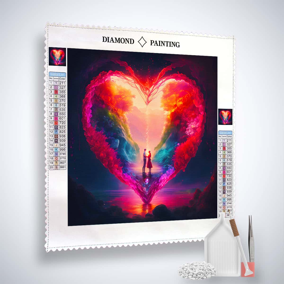 Diamond Painting Kit Herzpärchen Nacht - Profi-Leinwand, Acryl Diamonds, Künstler-Pinzette, Setzstift - Funkelnde Kunst.