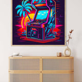 Neon-themed painting of an arcade machine with palm trees and a sunset, mounted above a wicker cabinet in a modern interior setting.