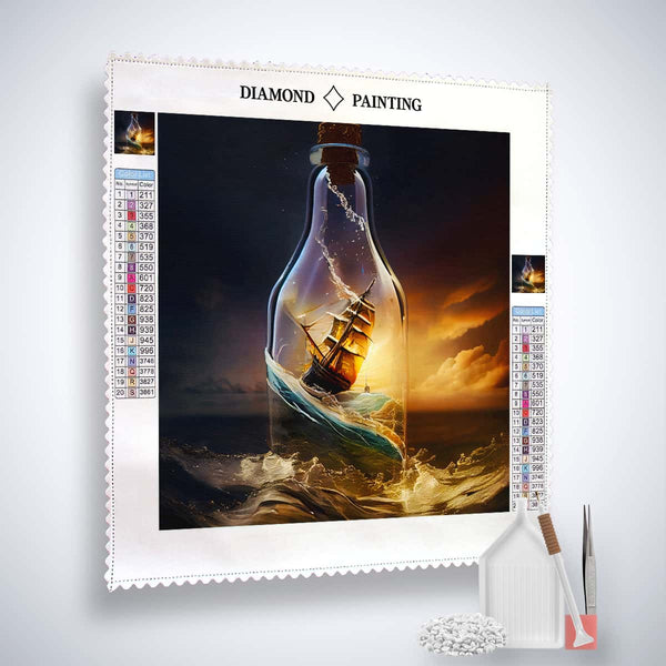 Diamond Painting Kit "Schiff im Glas" mit Segelschiff in Flasche, Acryl Diamonds, Pinzette und Setzstift auf Profi-Leinwand