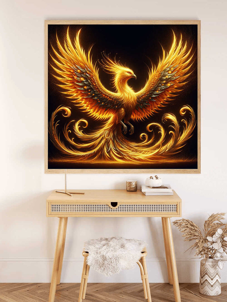 Malen nach Zahlen Phönix Erwachen Golden painting displayed above wooden desk with beige chair and decor. Stunning fiery phoenix art.