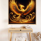 Malen nach Zahlen Phönix Erwachen Golden painting displayed above wooden desk with beige chair and decor. Stunning fiery phoenix art.