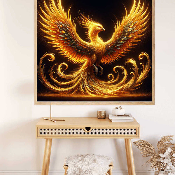 Malen nach Zahlen Phönix Erwachen Golden painting displayed above wooden desk with beige chair and decor. Stunning fiery phoenix art.