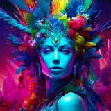 Vibrant painting of a proud woman with a floral headdress in bright neon colors, showcasing unique artistic style.