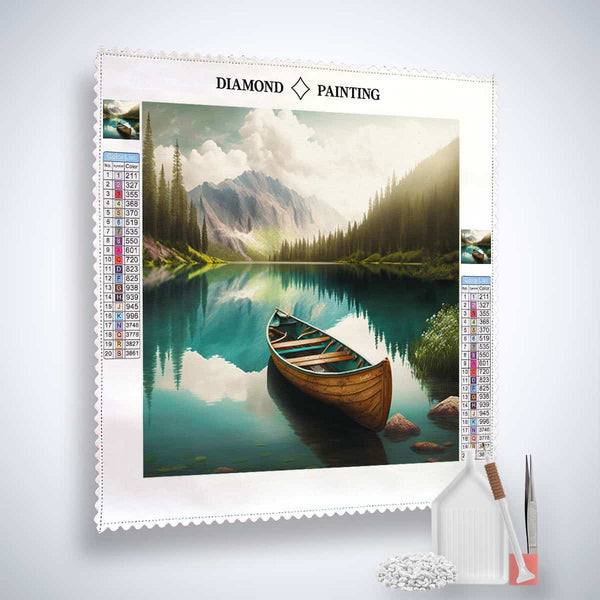 Diamond painting kit with a serene lake scene featuring three boats, mountains, and a forest background.