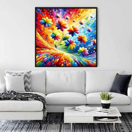 "Malen nach Zahlen - Regenbogenblumen Kunstwerk über einem modernen weißen Sofa"