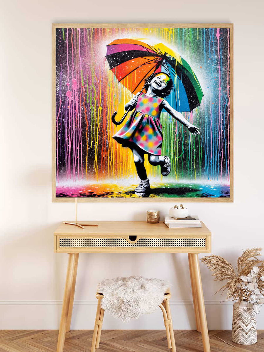 Wandkunst "Farbentanz im Regen" zeigt ein tanzendes Mädchen mit buntem Schirm vor leuchtenden Farbtropfen im modernen Stil