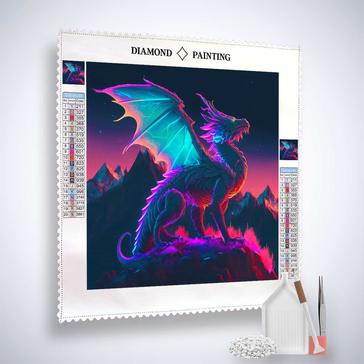 Diamond Painting Kit - Flammenpfad with vibrant dragon artwork and complete set tools. Create sparkling art with premium canvas and acrylic diamonds.