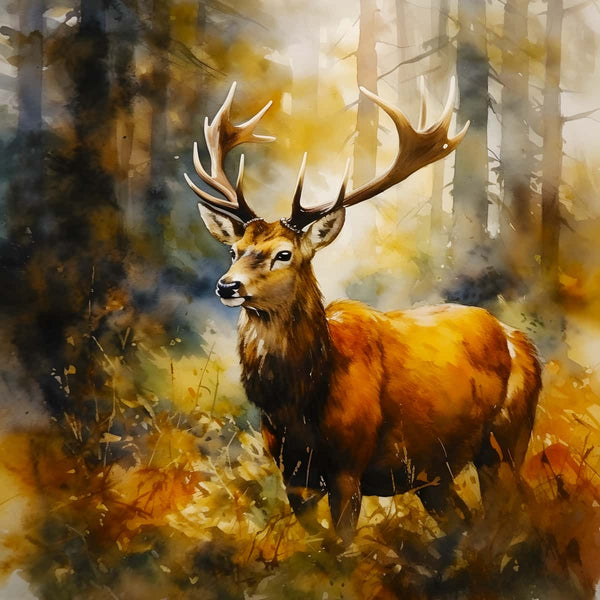 "Malen nach Zahlen - Prachtvoller Hirsch im Wald, entspannende Malen nach Zahlen Szene mit majestätischem Hirsch in herbstlichem Wald."