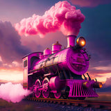Diamond Painting Kit - Pink Train at Night With Glowing Lights and Pink Smoke in the Sky