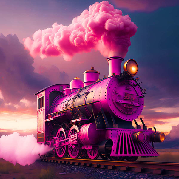 Diamond Painting Kit - Pink Train at Night With Glowing Lights and Pink Smoke in the Sky