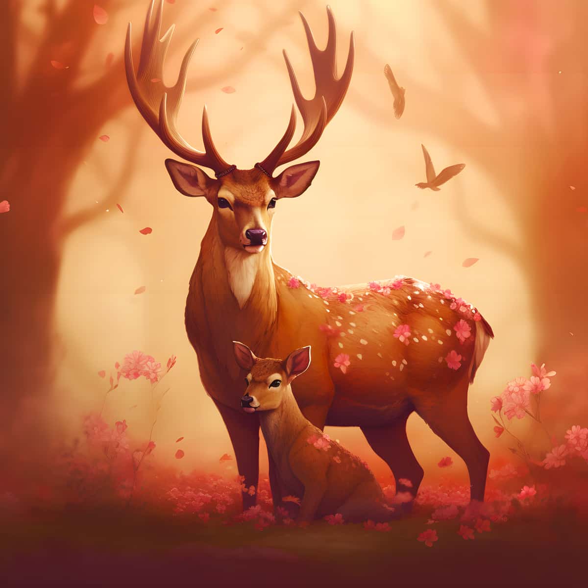 Diamond Painting Kit - Prächtiger Hirsch mit Kind in einem zauberhaften Wald.