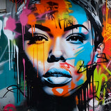 Colorful street art painting of a woman's face, featuring vibrant spray paint designs and expressive details on an urban wall.