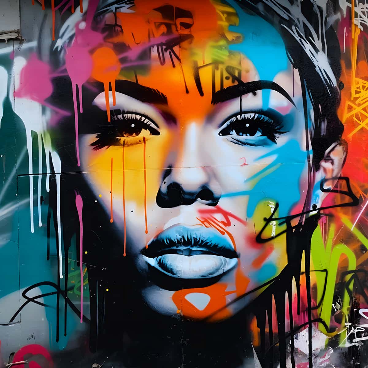 Colorful street art mural of a woman's face with vibrant graffiti in the background