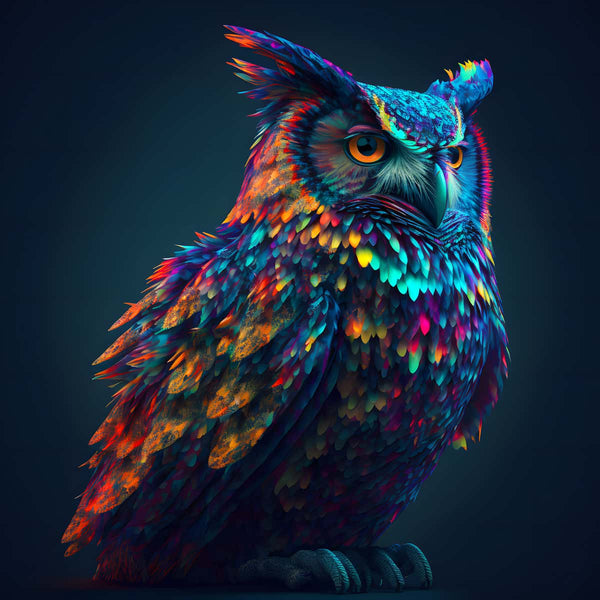 Vibrant painting of a proud owl at night, titled 