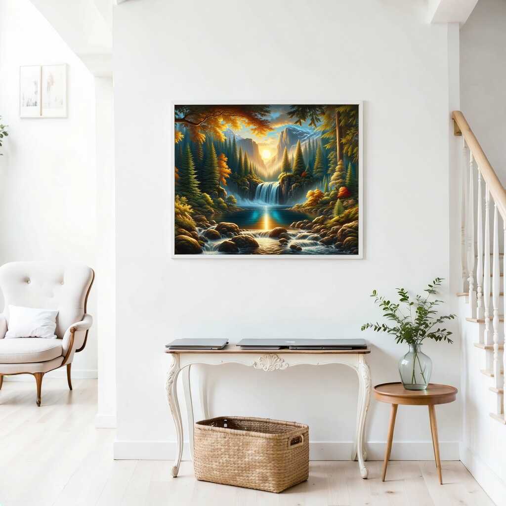 Malen nach Zahlen - Berge und Wasserfall im Wald