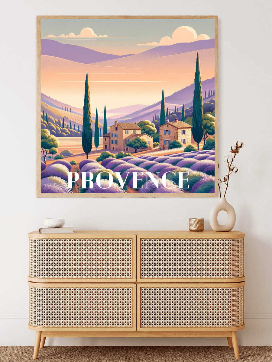 Malen nach Zahlen - Lavendeltraum in der Provence mit lila Feldern und Hügeln im Hintergrund, dekorativer Kunstdruck im Wohnzimmer